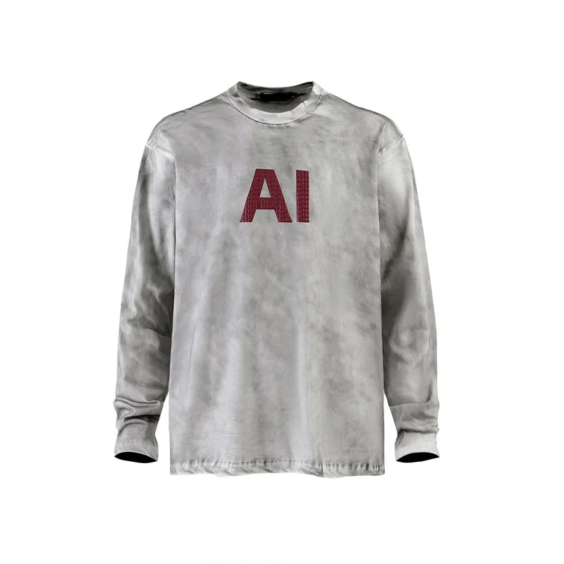 AI Foam Print Washed Long-Sleeve Tee — Grey